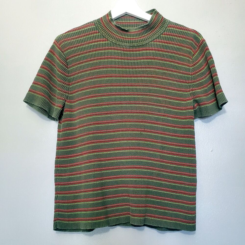 Christopher & Banks Striped Ribbed Knit Top Size Large Green Red Pink Mock Neck